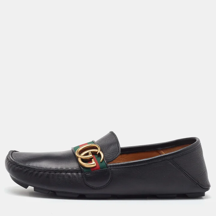 Gucci Black Leather GG Marmont Web Detail Slip On Loafers Size 38.5