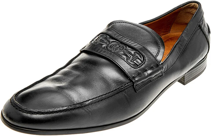 Gucci Black Leather Horsebit Embossed Slip On Loafers Size 44.5