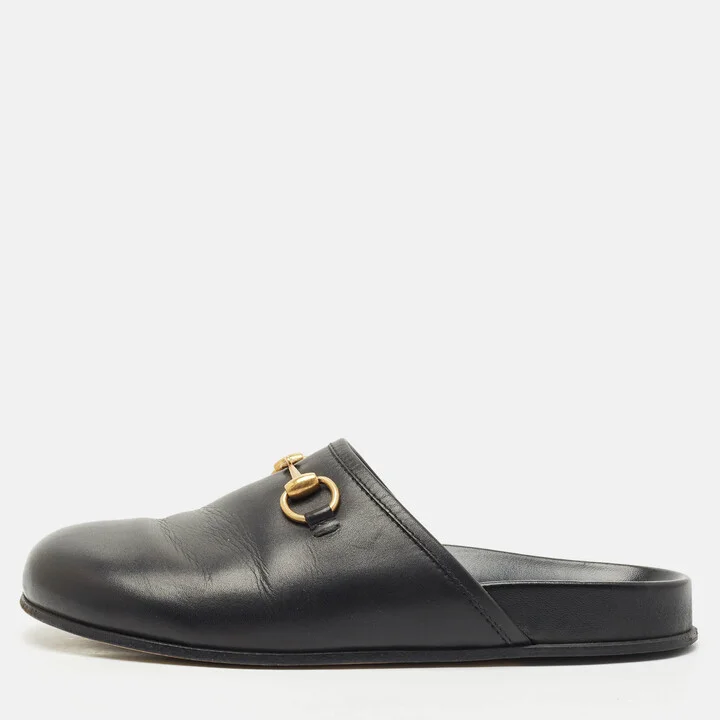 Gucci Black Leather Horsebit Princetown Flat Mules Size 39.5