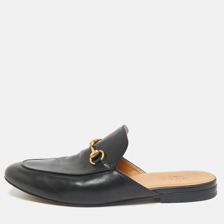 Gucci Black Leather Horsebit Princetown Flat Mules Size 42.5