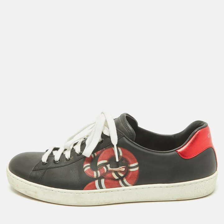 Gucci Black Leather Kingsnake Ace Lace Up Sneakers Size 43