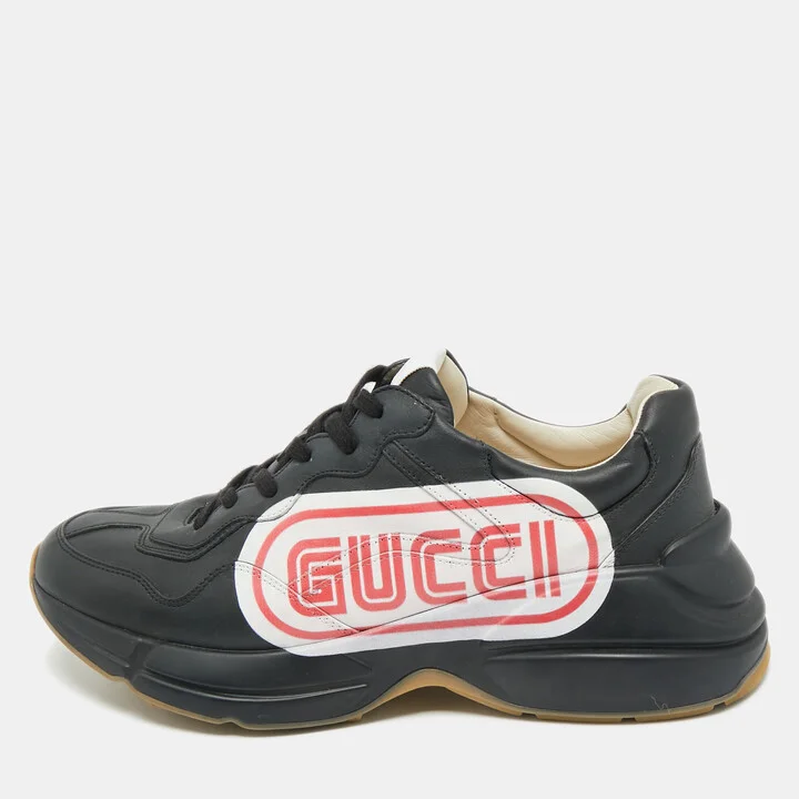 Gucci Black Leather Rhyton Logo Low Top Sneakers Size 43