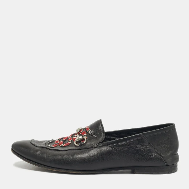 Gucci Black Leather Snake Applique Brixton Loafers Size 44.5