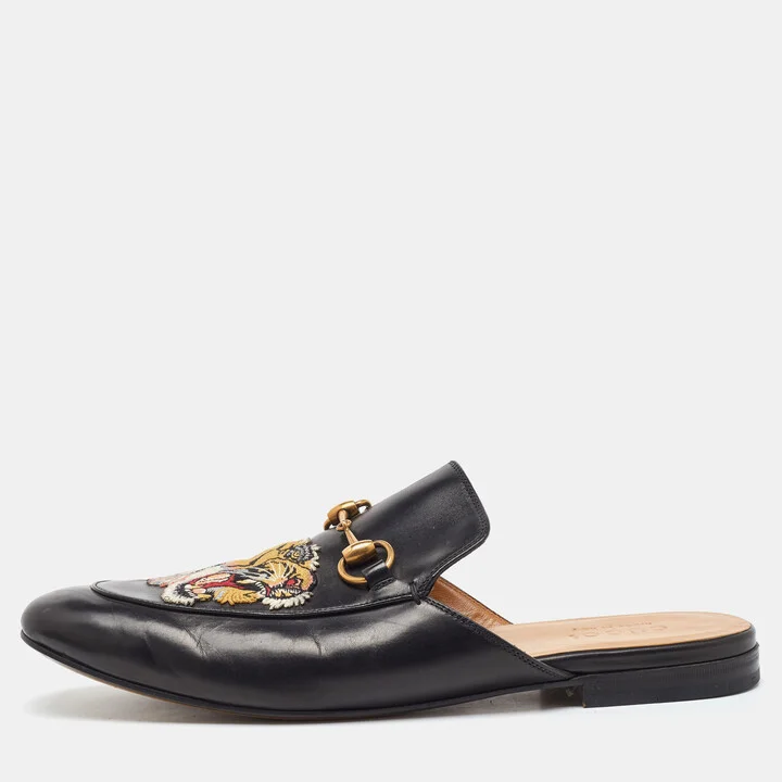 Gucci Black Leather Tiger Embroidered Princetown Horsebit Flat Mules Size 44