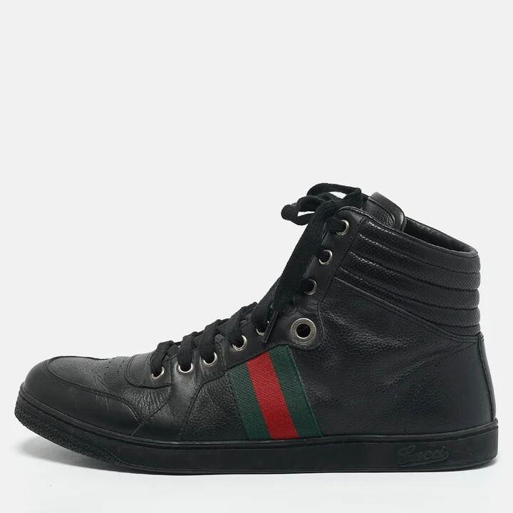 Gucci Black Leather Web Detail High Top Sneakers Size 42