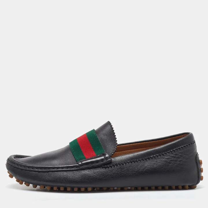 Gucci Black Leather Web Detail Slip On Loafers Size 39.5