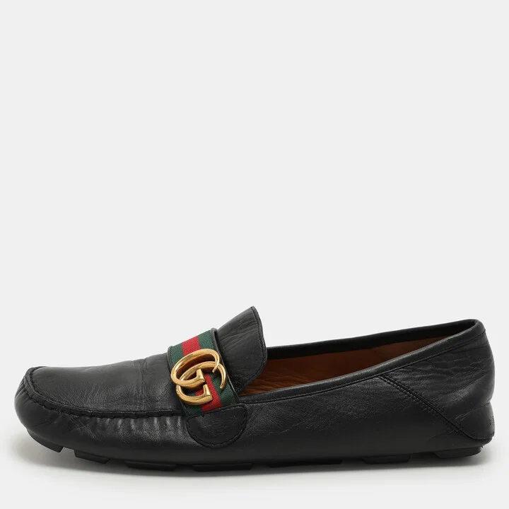 Gucci Black Leather Web GG Marmont Loafers Size 42