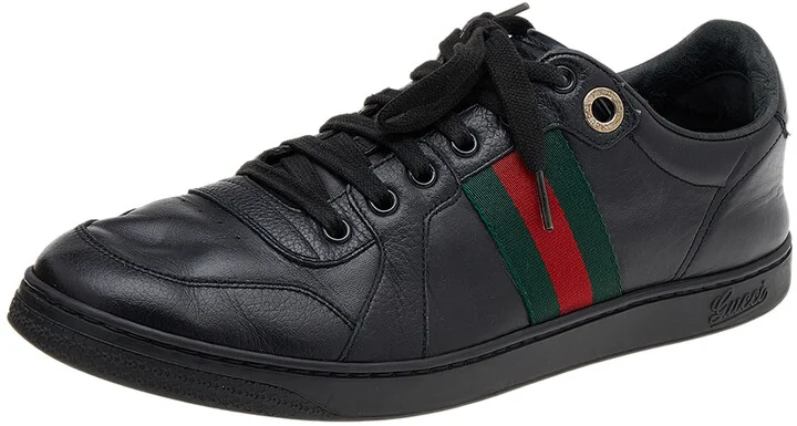 Gucci Black Leather Web Low Top Sneakers Size 42