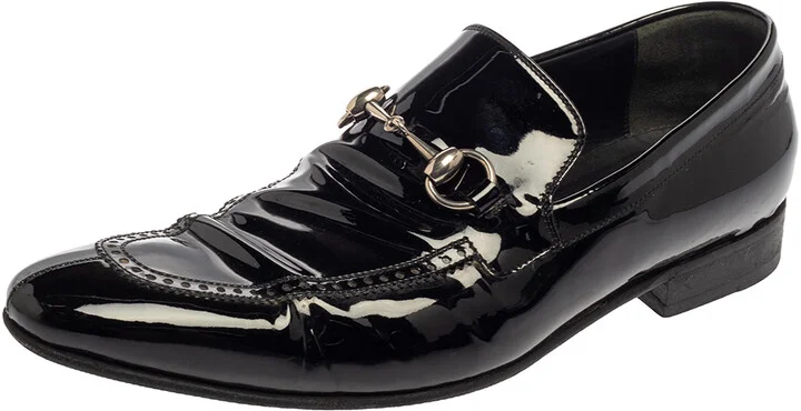 Gucci Black Patent Leather Horsebit Slip On Loafers Size 42