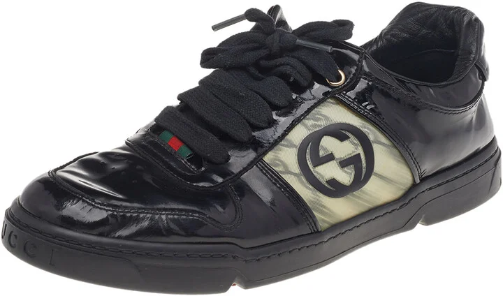 Gucci Black Patent Leather Interlocking G Hologram Logo Low Top Sneakers Size 41