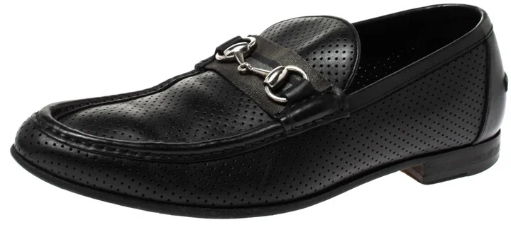 Gucci Black Perforated Leather Horsebit Slip On Loafers Size 45