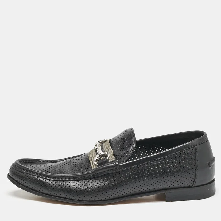 Gucci Black Perforated Leather Horsebit Web Slip On Loafers Size 42.5