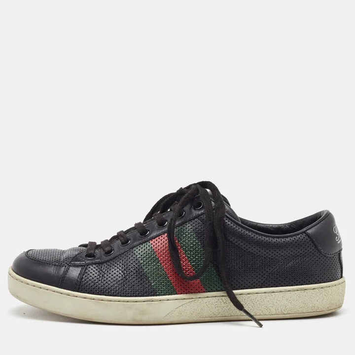 Gucci Black Perforated Leather Web Detail Low Top Sneakers Size 40