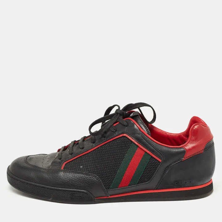 Gucci Black/Red Leather and Mesh Vintage Tennis Sneakers Size 43.5