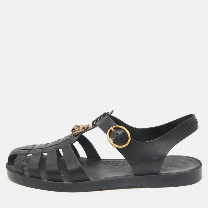 Gucci Black Rubber Double G Lion Head Strap Flat Sandals Size 43