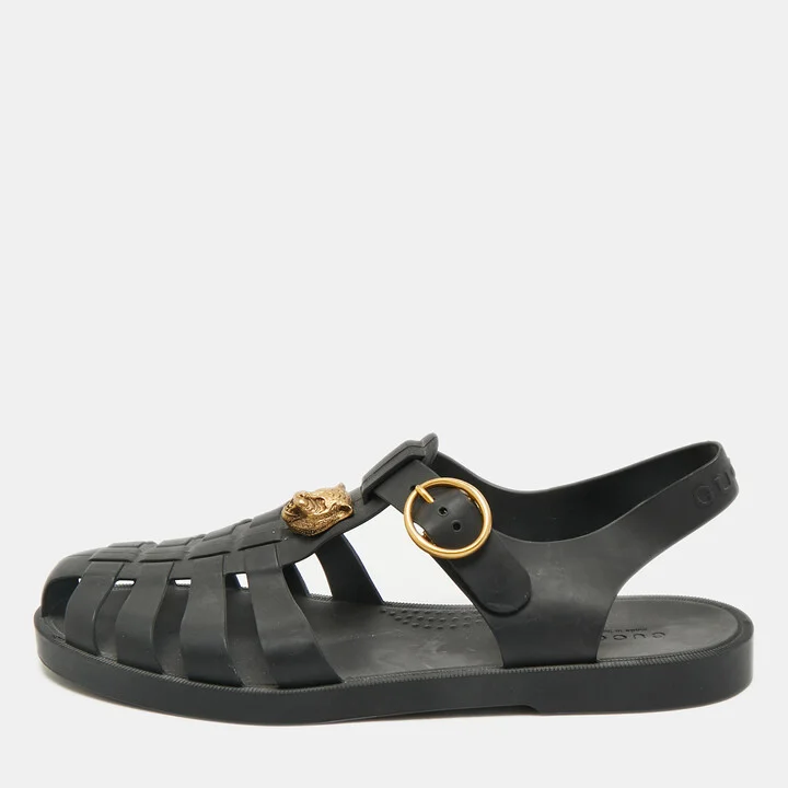 Gucci Black Rubber GG Marmont and Tiger Embellished Buckle Strap Flat Sandals Size 41