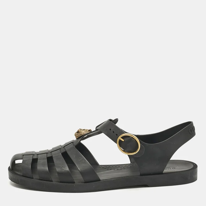 Gucci Black Rubber Studded Tiger Head Flat Sandals Size 43