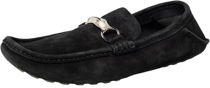 Gucci Black Suede Bamboo Horsebit Slip On Loafers Size 46