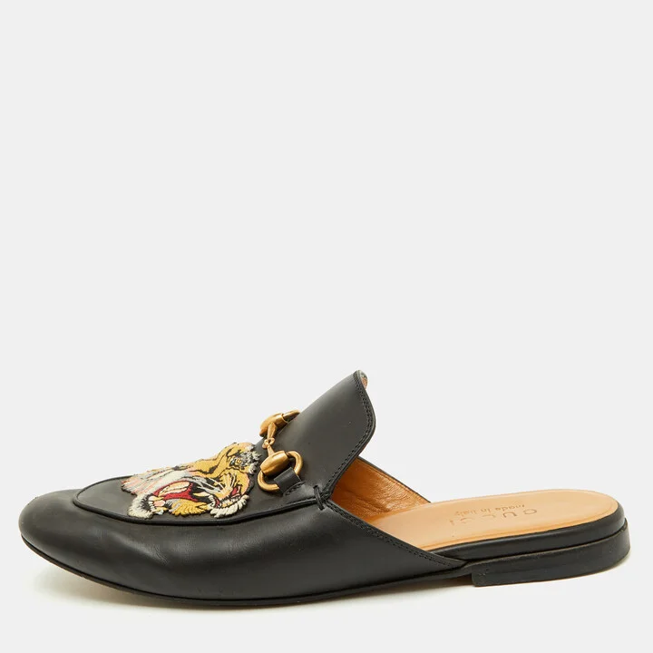 Gucci Black Tiger Embroidered Leather Princetown Horsebit Flat Mules Size 41