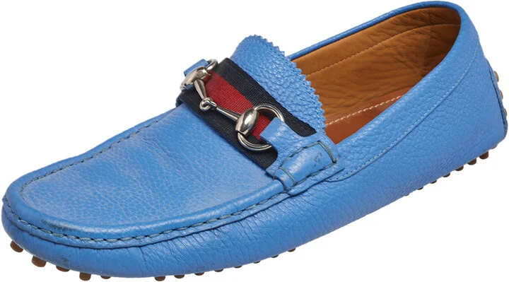 Gucci Blue Leather Horsbit Web Trim Loafers Size 40