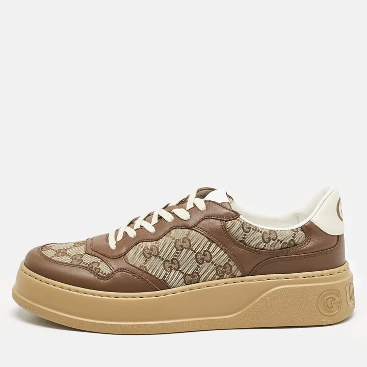 Gucci Brown/Beige GG Canvas and Leather Screener Low Top Sneakers Size 45.5