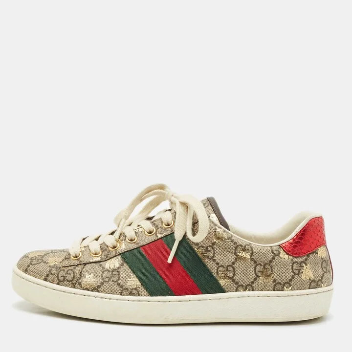 Gucci Brown/Beige GG Supreme Canvas Printed Bee Ace Sneakers Size 39