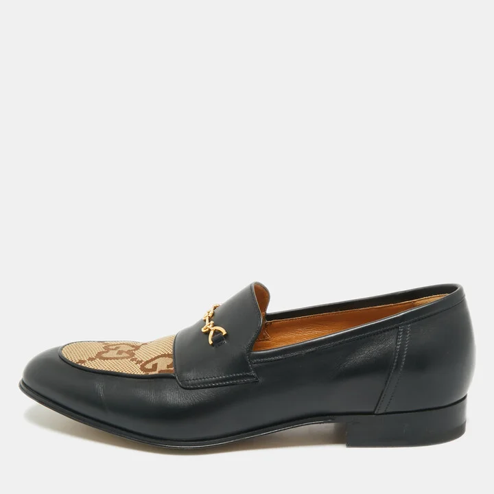 Gucci Brown/Black Leather and Macro GG Canvas Jakarta Loafers Size 41.5