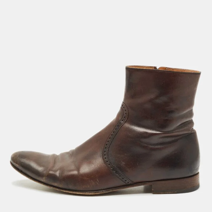 Gucci Brown Brogue Leather Zip Ankle Length Boots Size 43
