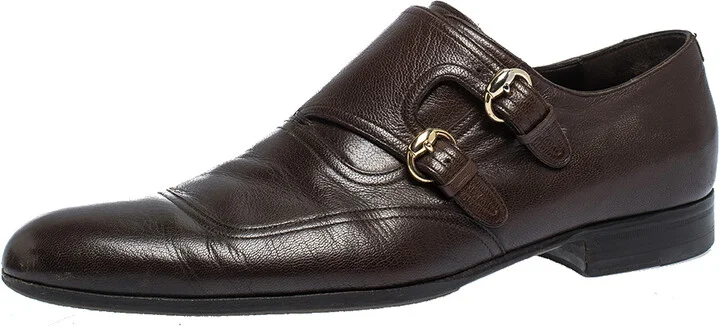 Gucci Brown Leather Double Buckle Monk Strap Oxfords Size 40