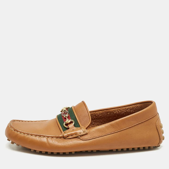 Gucci Brown Leather Horsebit Web Slip On Loafers Size 40.5