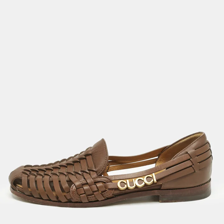 Gucci Brown Woven Leather Gucci Detail Slip On Loafers Size 43.5