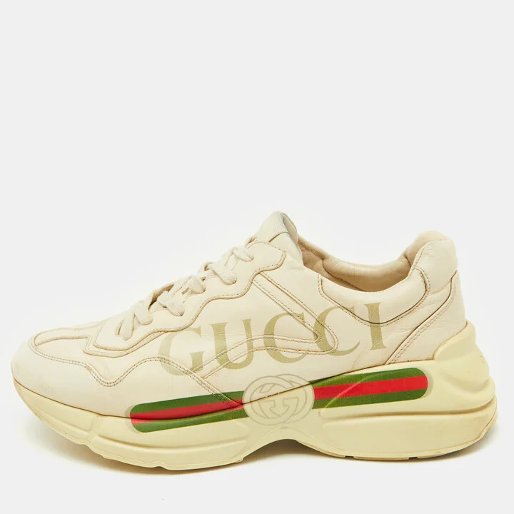 Gucci Cream Leather Rhyton Vintage Logo Low Top Sneakers Size 43