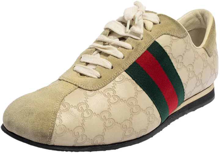 Gucci Cream Suede And Leather Web Low Top Sneakers Size 43.5