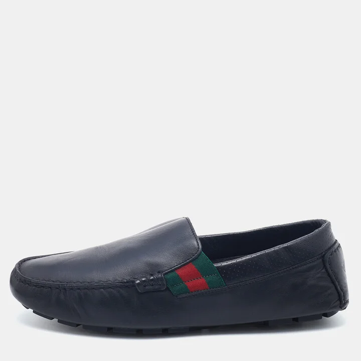 Gucci Dark Blue Leather Web Slip On Loafers Size 41.5