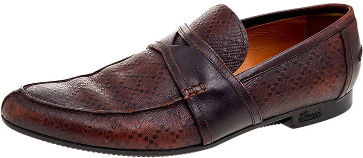 Gucci Dark Brown Hilary Diamante Embossed Leather Slip On Penny Loafers Size 43.5