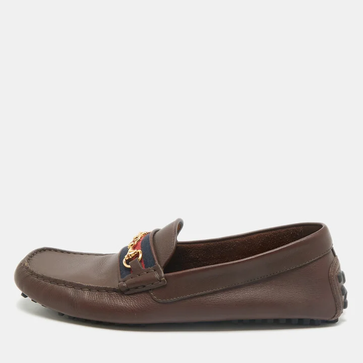 Gucci Dark Brown Leather GG Horsebit Web Detail Slip On Loafers Size 42