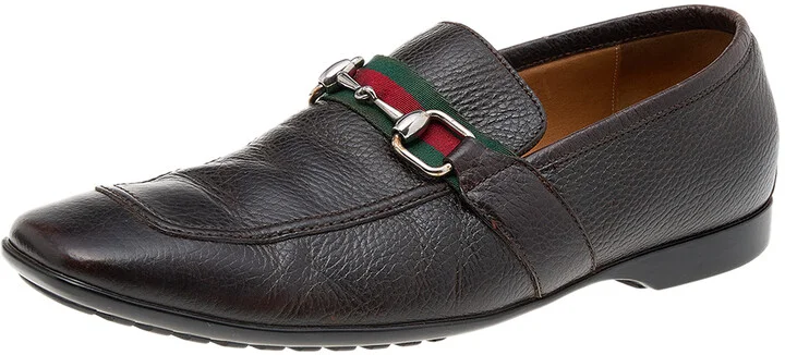 Gucci Dark Brown Leather Horsebit Web Slip On Loafers Size 41.5