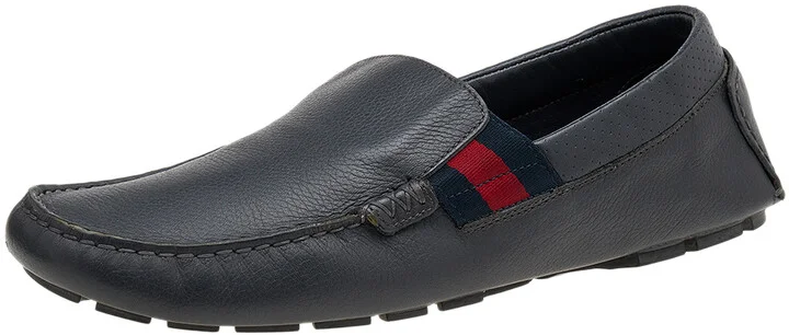 Gucci Dark Grey Leather Web Detail Slip On Loafers Size 41.5