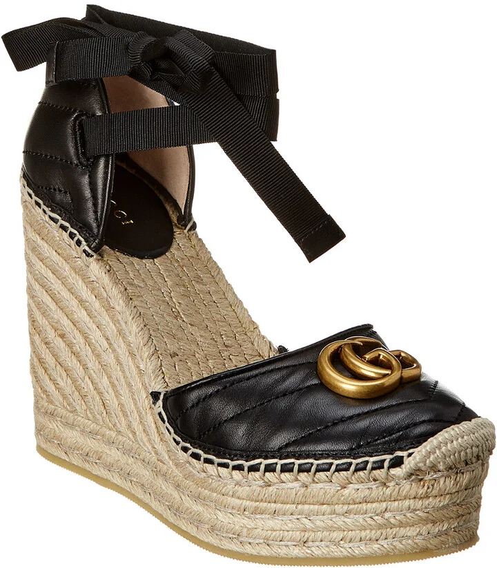 Gucci Gg Leather Platform Wedge Espadrille