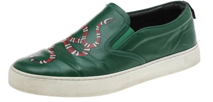 Gucci Green Leather Dublin Snake Print Slip On Sneakers Size 42