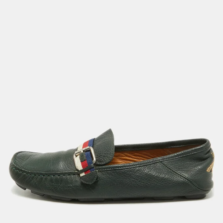 Gucci Green Leather Web Driver Loafers Size 40