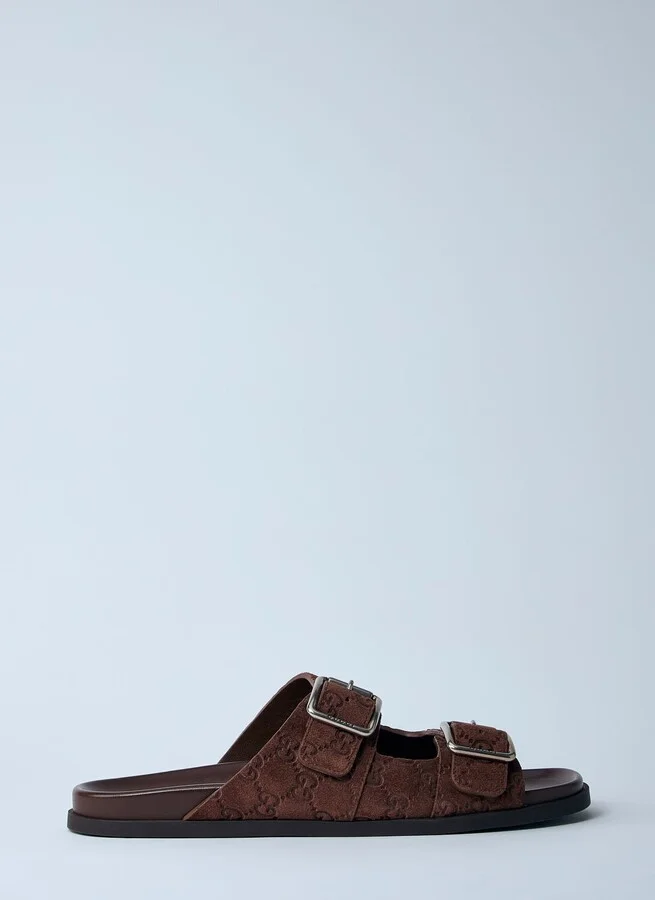 Gucci Logo Embossed Leather Slides - Man Sandals Brown Uk - 07