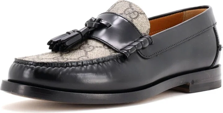 GUCCI Men's Kaveh Tassel Loafers Leather with GG Coated Canvas