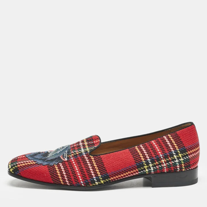 Gucci Multicolor Tartan Canvas Wolf Embroidered Slip On Loafers Size 44