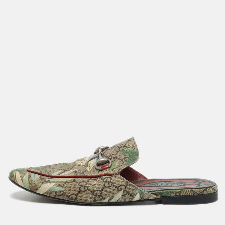 Gucci Multicolor Tian Print GG Supreme Canvas Horsebit Flat Mules Size 40