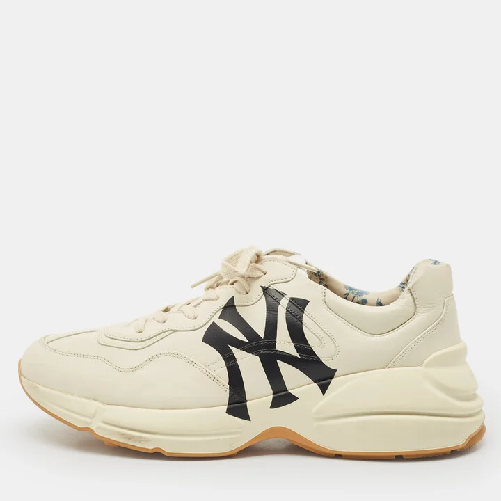 Gucci Mystic Cream Leather NY Yankees Rhyton Low Top Sneakers Size 44
