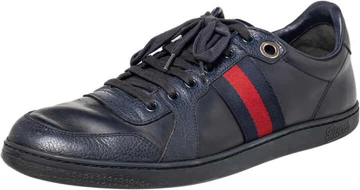 Gucci Navy Blue Leather And Canvas Web Low Top Sneakers Size 44