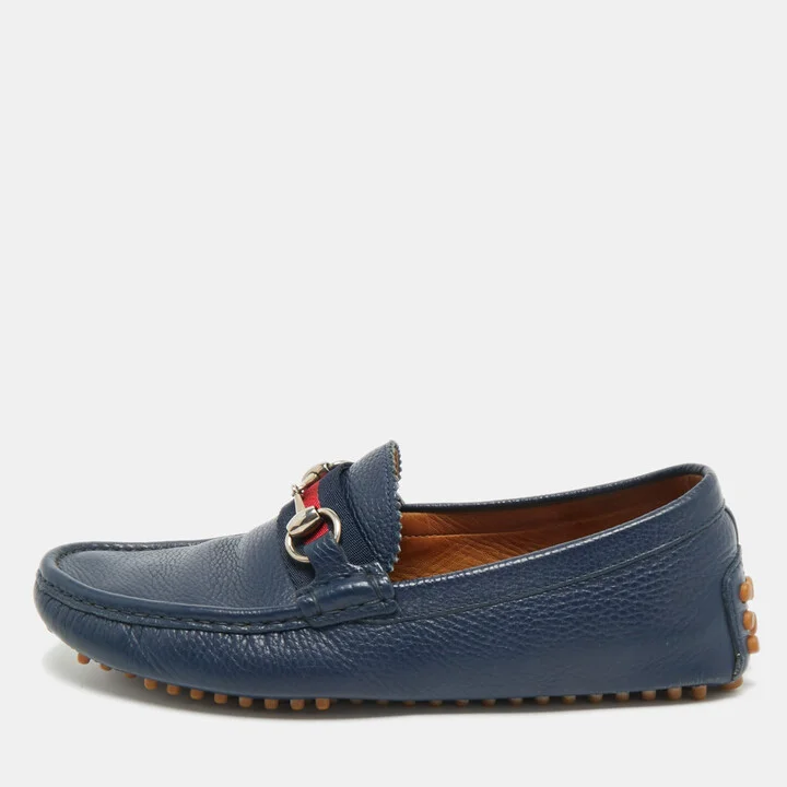 Gucci Navy Blue Leather Horsebit Loafers Size 40