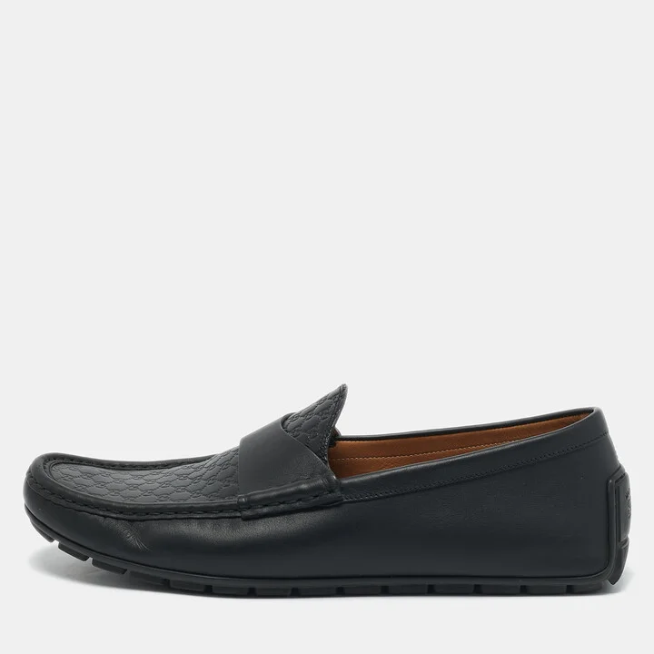 Gucci Navy Blue Leather Interlocking G Loafers Size 44
