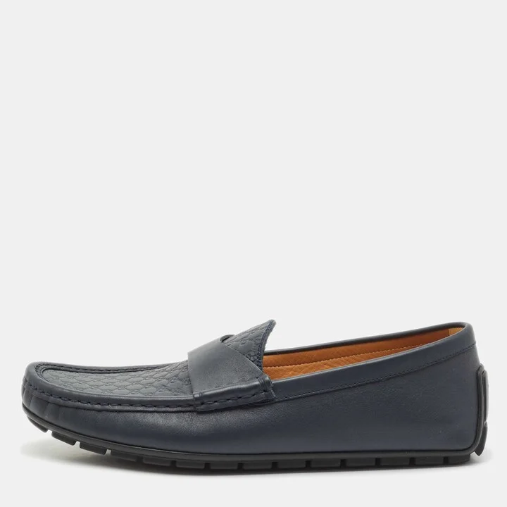 Gucci Navy Blue Microguccisma Leather Slip On Loafers Size 41
